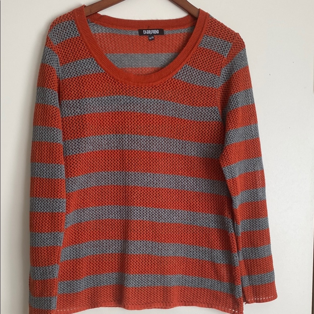 Orange and Gray Mesh Crew Neck Striped Sweater